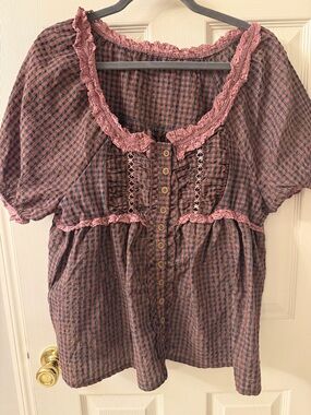 Women’s Pink Plaid Lace-Trim Button-Front Top Size Large. The best of BoHo.